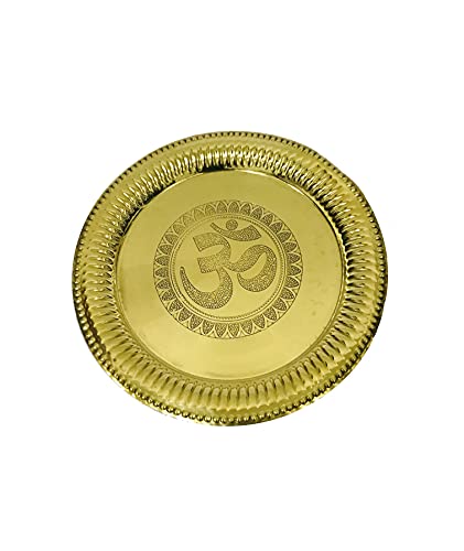 Brass thali Pooja Brass bhog thali Plate Embossed Om Puja Aarti thali Navaratri thali Gifts Karwa Chauth thali (8 Inches)