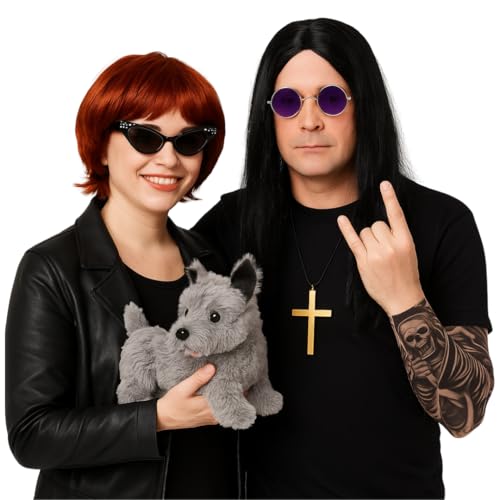 Adults Osbourne Couple Accessory Set - Long Black Wig, Purple Glasses, Gold Cross, Red Wig, Cat Eye Glasses, Toy Dog & Tattoo Sleeves - Adults Music TV/Film Celebrity Fancy Dress Costume Accessory Set