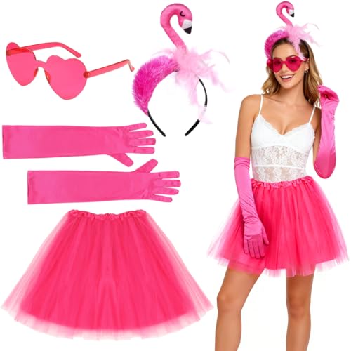 HUKUMA Flamingo Kostüm Damen, Flamingo Haarreif, Tüllrock Pink, Rosa Handschuhe, Herz Sonnenbrille, Karneval Kostüm Damen für Karneval Fasching...