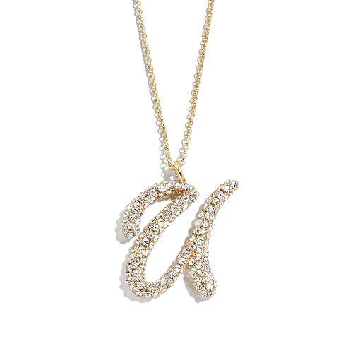 BaubleBar Gwen Pave Signature Initial Necklace - Jewelry for Women - Classic Script Pendant Letter Necklace - Hypoallergenic Snake Chain - 18 Inch + 2" Extender, Letter U
