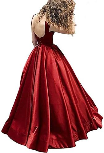 Satin Wedding Dress Backless Ball Gown Prom with Pockets Sleeves Long for Women Evening Red 8