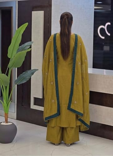 Image of ANNI Designer Kurta Sets for Women Viscose Embroidered | Kurti Set for Woman | Kurta Palazzo Dupatta Set | Straight Kurti | V Neck Full Sleeve Suit Set for Women Stylish Ethnic Outfit Clothing