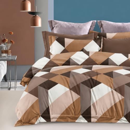 Image of DECOR2ADMIRE 300TC Premium Glace Cotton Printed Super King Size Double Bedsheet with Two Pillow Covers, 108 * 108 Inches or 9ft by 9ft or 275 cm x 275 cm (Brown Check Print)