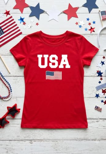 Image of Tstars Fitted Tee for Girls 4th of July Shirt | Patriotic American Cute Kids Heart Graphic Horse T-Shirt