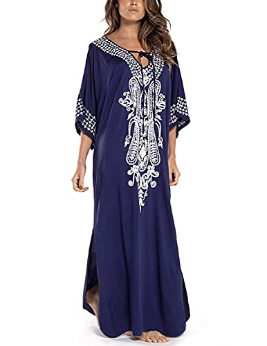 QUNERY Traje de baño de caftán para mujer, vestido largo de playa de tamaño libre Caftans, Bordado azul marino, Talla única Cover
