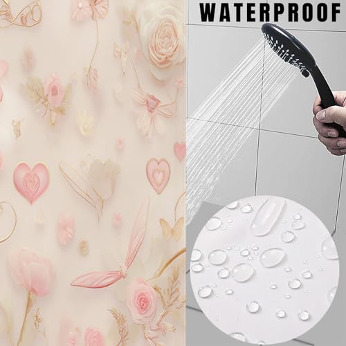 Rideau de douche imperméable lavable polyester or rose papillon cœur 180x200