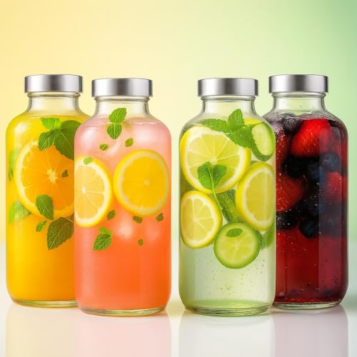Image of 500ml Square Water Bottle Set of 4 | Airtight Steel Lid Juice Bottle | Water, Milk, Shake, Kombucha Storage Container | Clear Glass Bottle for Kitchen & Fridge Use