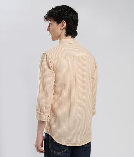 Image of TURMS Men's Casual Striped Linen Shirt | Water Repellent | Anti Stain Anti Odor | Kansas Linen | Concealed Button Down Collar | Full Sleeves