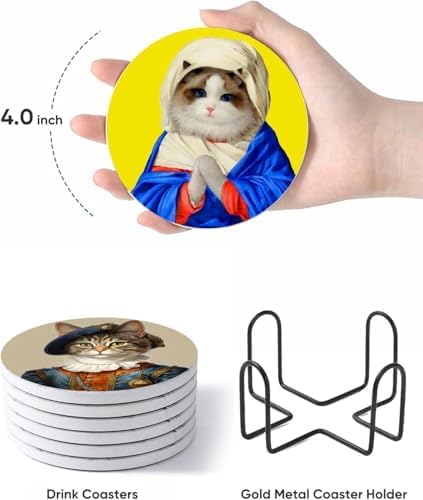 Puraikcmi Cat Lover Coasters Set of 8 with Holder, Ceramic, Multicolor, Funny Cat Designs, Drink Coasters for Table, Office, Desk, Bar, Gift - Image 4