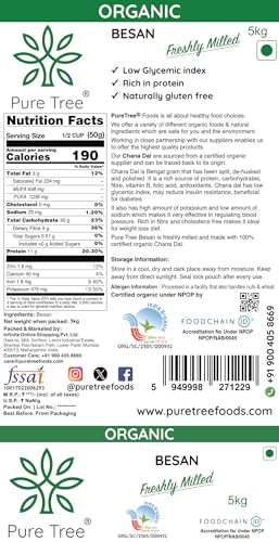Image of Pure Tree Certified Organic Besan Chana Atta | 5 Kg / 5000 g | Chana Flour | Freshly Milled Fine Besan Organic Gram Flour | Kadalai Maavu | Chana dal flour | Chana Besan
