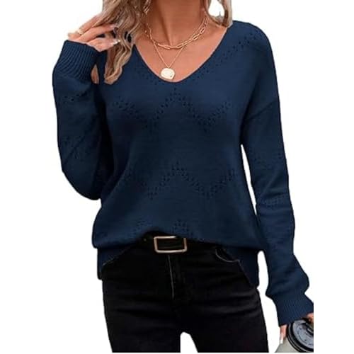 Zeagoo Damen Strickpullover Elegant Pullover V-Ausschnitt Häkelpullover Langarm Fashion Striken Pulli Einfarbig Lässige Oberteile S-XXL