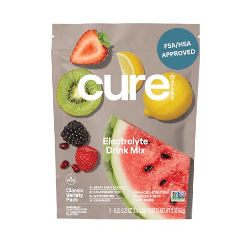 Cure Hydration | Plant-Based Electrolyte Drink Mix | No Added Sugar | FSA-HSA | Dehydration Relief Powder Made with Coconut Water | Non-GMO | Vegan | 8 Packets - Variety Pack