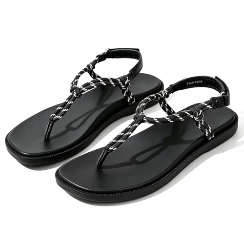 VIVASUN Women's Arch Support Flip Flops Adjustable Strap Sandals,Black,9
