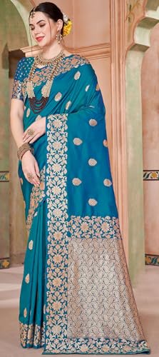 Image of SWORNOF Women's kanjivaram banarasi silk saree Zari Woven for festival Wedding silk with rich pallu Design sarees for women with Unstitched blouse piece