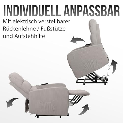 Mendler Fernsehsessel HWC-K62, Relaxsessel TV-Sessel Liege, Liegefunktion Aufstehhilfe, Metall Stoff/Textil Cord - hellgrau