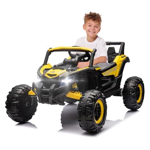 BCARORUR 12V Ride On Toy for Kids, 12V Battery Powered Off-Road UTV Toy with Remote Control, Ride On Car for Boys Girls with LED Lights, Music Player, Adjustable 3 Speeds, Spring Suspension (Yellow) Cover