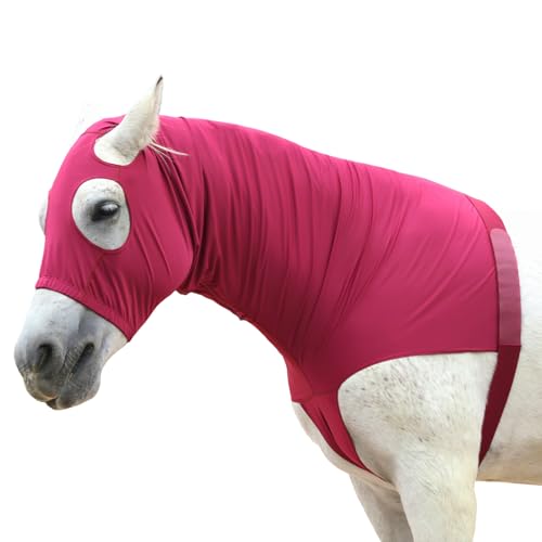 Image of Horse Slinky Hood with Zipper, Stretch Spandex Sleazy Hood for Mane Protection, Breathable Horse Neck Cover for Show Prep, Braids Saver, Sleek Grooming Under Blanket Use WineRed Small