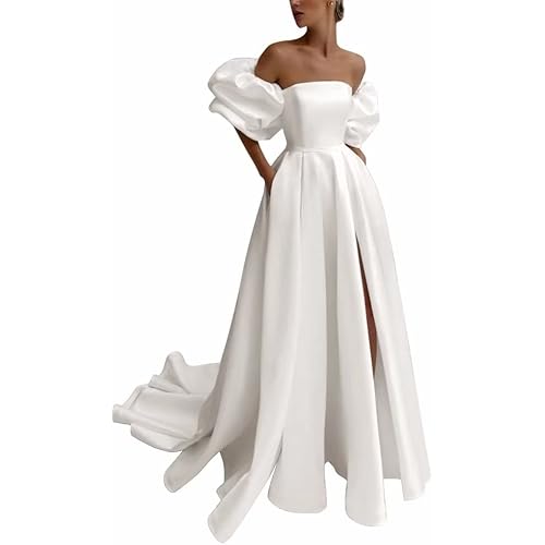Bekvamlighet Detachable Puffy Sleeves Wedding Dresses for Bride with Pockets Satin High Slit Prom Dresses Ball Gowns
