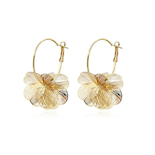Flower Earrings for Women Boho Spring Summer Flower Floral Hoop Drop Dangle statement Earrings (Gold)
