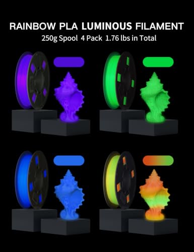 Image of PINBALL Glow in The Dark PLA Filament, 3D Printer Filament Bundle | Multicolor PLA 1.75mm, 250g Spool, 4 Rolls, Green+Blue+Purple+Rainbow