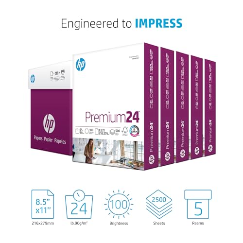 Image of HP Printer Paper | 8.5 x 11 Paper | Premium 24 lb | 5 Ream Case - 2500 Sheets | 100 Bright | Made in USA - FSC Certified | 115300C