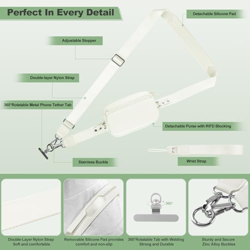 Image of YFWE Clip and Go Strap for Phone with Wallet Crossbody, Adjustable Phone Lanyard with Detachable RFID Wristlet Wallet & Ultra-Thin 360 Rotatable Metal Tabs for All Smartphones (Cream)