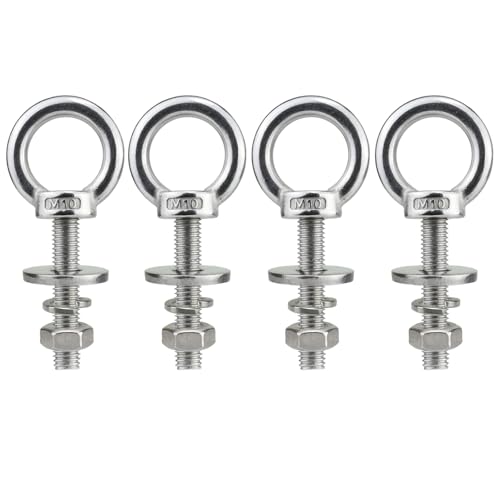 Image of M10 Stainless Steel Eye Bolts with Nuts 4 Pack, M10 x 50mm (3 /8 inch x 2 inch) Long Shoulder Lifting Eye Bolt for Swing Board, Heavy Duty Threaded Ring Screw Eyebolts for Tie Down Straps Outdoor