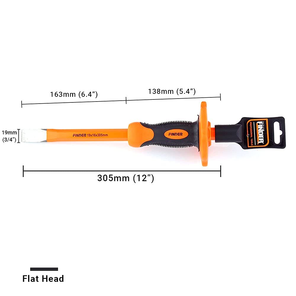 Finder Lot de 2 burins de maçonnerie robustes de 30,5 cm avec protection de la main, 2 burins à extrémité plate, burins à béton pour démollir, sculpter, écailler, rompre