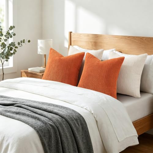 Image of Mecatny Corduroy Fall Decorative Throw Pillow Covers 24x24 Set of 2 for Sofa Living Room, Soft Neutral Boho Couch Pillow Covers for Home Decor, Burnt Orange