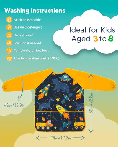 Oiomniv Kinder Malschürze 2 Stück – Wasserdichte Malkittel mit langen Ärmeln und 3 Taschen, waschbare Schürzen für Kinder von 3–8 Jahren