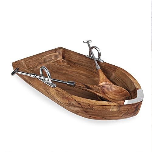 GUTE Rowboat Serving Bowl with a Pair of Wood Serving Utensils, Boat Salad Bowl approx. 16\" L x 6\" W x 5\" H 50 fl. oz. Capacity (Wood with Oars) - Thumbnail 4