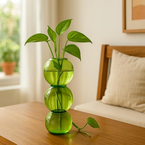 Image of ecofynd 9 Inches Glass Vase for Flowers Plants, Modern Decorative Vase for Home Decor Center Table, Bedroom, Living Room, Office Decoration, Wedding or Gifts, Luster Glass Vase, (GVASE020-GRN-07)