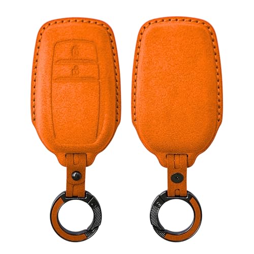 Image of KMH Alcantara Car Key Cover Compatible with Toyota Innova Crysta Hilux 2 Buttons Shell Case Car Accessories Key Smart Keycover with Keychain (D2) Orange - Pack of 1