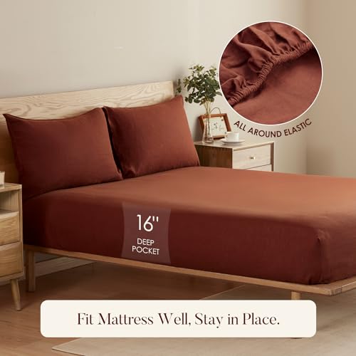 DAPU Pure Linen Sheets Set, 100% French Linen from Normandy, Breathable and Durable for Hot Sleepers, 3 Pcs Set - 1 Flat Sheet, 1 Fitted Sheet, 1 Pillowcase (Rust Red, Twin)