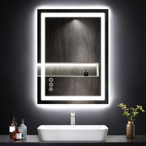 ROMECH 20" x 28" LED Bathroom Mirror with Lights, 3 Colors Dimmable, Anti Fog, Vanity Mirror with Lights, Front and Backlit, Memory Function, Tempered Glass, ETL Listed