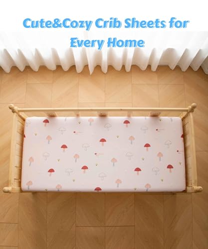 Image of SDY Jersey Mushroom Crib Sheets for Baby Girls,52 inchx28 inchx8,2 Pack,Pink Cute Kawaii Standard Oval /Retangle Crib Mattress Sheets for Toddler,Super Soft Breathable