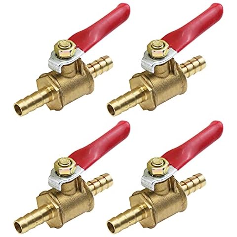 Antrader 4 Pcs Forged Brass Ball Valve Mini Shut Off Switch, 1/4" Hose Barb x 1/4" Hose Barb, 180 Degree Operation Handle Cover