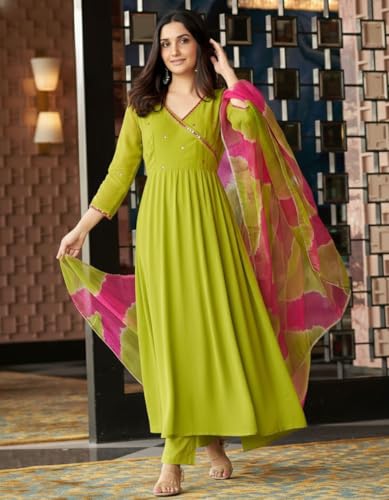 Image of ANNI Designer Women Rayon Viscose Anarkali Kurta with Pant and Dupatta | Mirror Work Long Kurta Set | Ladies Ethnic Wear Traditional Clothing for Women