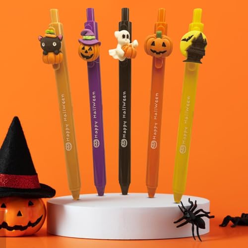 AMSNINK 5 Stück Halloween Mitgebsel Kinder – Spooky Design mit Kürbis, Hexenmütze, Geist, Burg und Tier, Halloween Mitgebsel für Kugelschreiber, Ideal für Halloween Büro, Schule und Party
