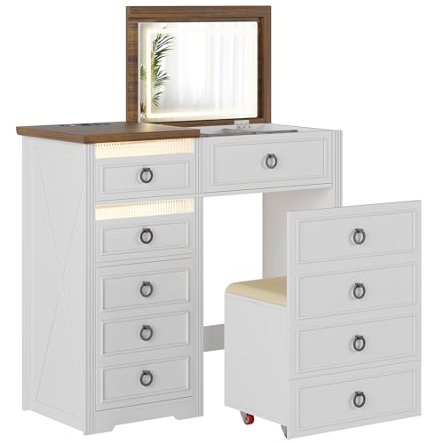 Farmhouse 3-in-1 Vanity Desk, Makeup Table with Flip-up 3 Colors Lighting Mirror and Hidden Stool, Charging station & Body Sensor, Vanities Nightstand Perfect for Bedroom, Apartment, Dorm (White)