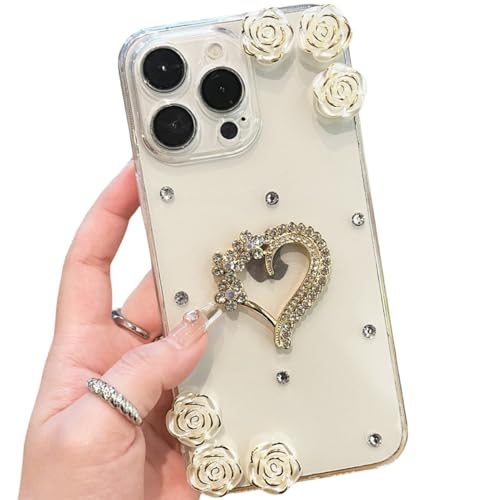 for Motorola MOTO G35 Rhinestone Phone Case, Bling Metal Diamond Love Heart & Gold Plating Rose Flower Crystal Cover Women Girl