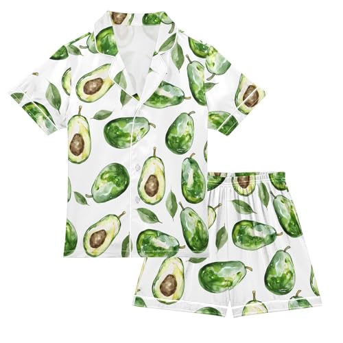 ALAZA Watercolor Avocado White Satin Pajamas Set Short Sleeve Button Down Sleepwear Summer Pjs 2 Piece - Main Image