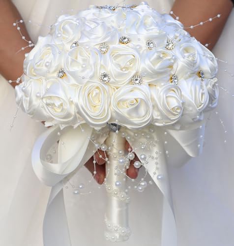 Mhojpik Bridal Wedding Bouquet Round Bling Brooch Bouquet Throw Toss Artificial Rose Flower Bunch for Bride Bridesmaid Wedding Quinceanera(Ivory 7.5)