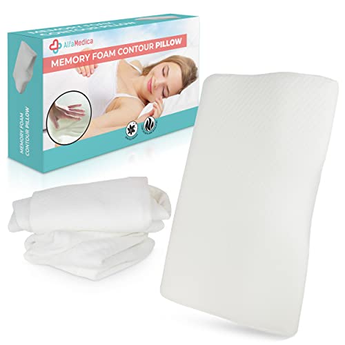 AlfaMedica Contour Neck Pillow - Orthopedic Memory Foam Bed Pillow for Side, Back and Stomach Sleepers â€“ Anti-Snore Ergonomic Cervical Support â€“ Stress and Pain Relief â€“ Breathable and Washable