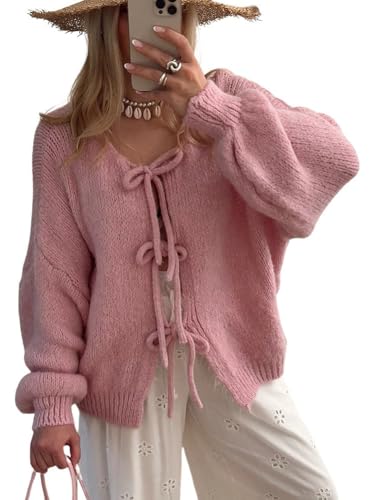 Image of chouyatou Women's Cute Bow Knot Cardigan Fall Casual Oversized Ribbed Knit Sweater Cardigan Tops
