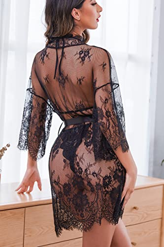Avidlove Women Sexy Bridal Lingerie Set 2 Piece Lace Robe With Sheer Teddy Babydoll Bodysuit