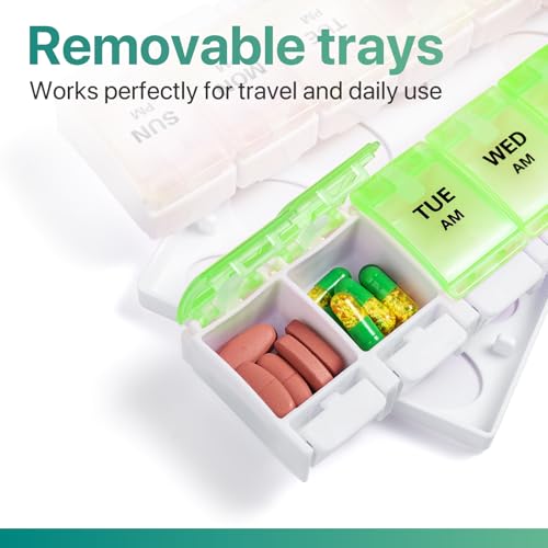 Image of Sukuos AM PM Weekly Pill Organizer 7 Day, 2 Times A Day Medicine Pill Box with Easy Push Button, BPA Free Vitamin Cases for Fish Oil /Supplements, Easy to Clean (Yellow&Green)