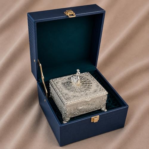 Image of Diviniti Silver Plated Peacock Decorative Box with Premium Gift Box | Luxury Multipurpose Storage Box for Home Decor, Sweets & Corporate Gifting (White)