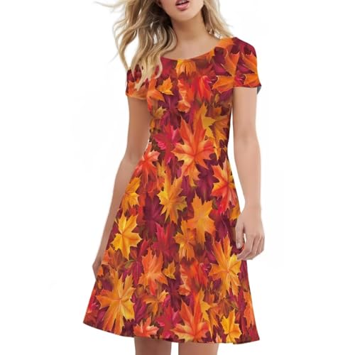Image of POLERO Women Puffy Swing Elegant Party Midi Dresses Short Sleeve Round Neck A-Line Dress