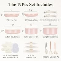 Chef Power Ceramic Nonstick Pots and Pans Set 19 Piece with Detachable Handle, Induction Dishwasher Oven Safe Cookware Set, RV Kitchen Set Removable Handle (Light Pink) — image 2